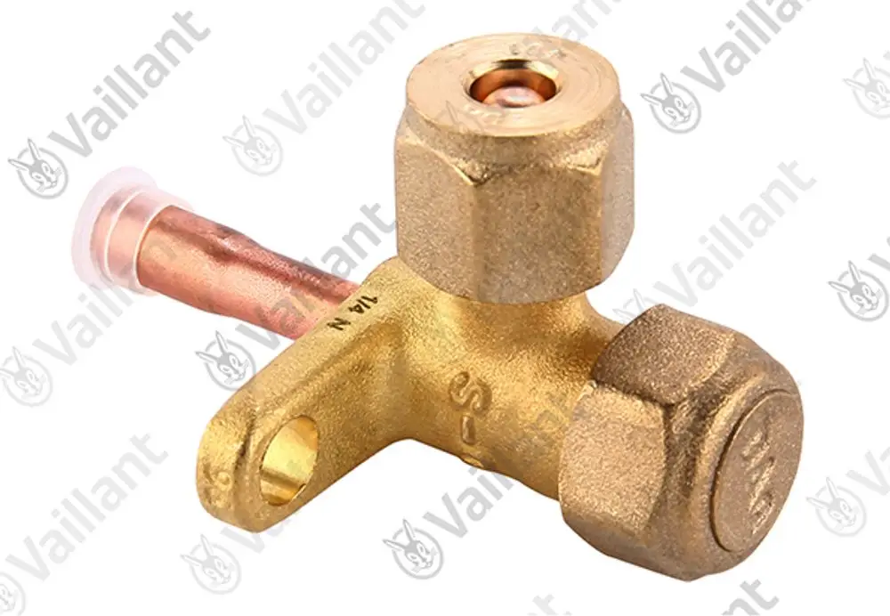 Vaillant Wartungshahn in Messing mit einem Anschlusssystem und integriertem Kupferrohr. Gerät für die Wartung von Heizanlagen konzipiert.